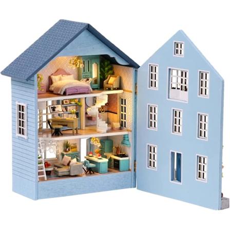 Miniatyrdockhusset & Möbler, Mini 3D Trädockhus Hantverksmodell Med LED, Alla Hjärtans Dag Födelsedagspresent Kreativt Hus (molan House, Blå)