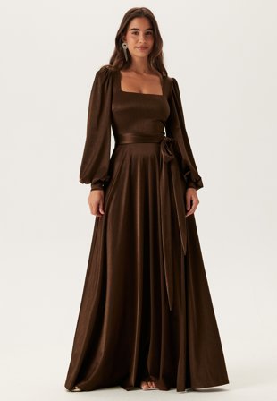 Goddiva - Satin Volume Sleeve Maxi Dress - Dark brown - Kläder - - Bubbleroom