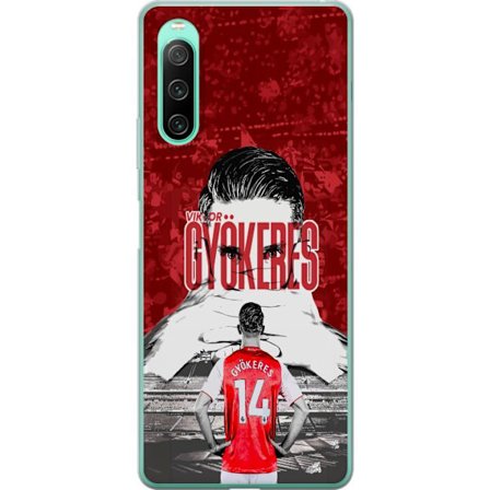 Kompatibel Mobilcover til Sony Xperia 10 IV Rød dramatisk kollagebillede med portræt af Viktor Gyökeres og spillere set bagfra på arenaen