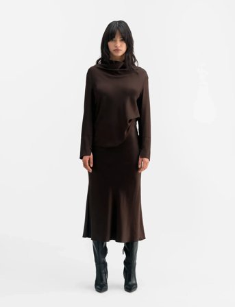 Ahlvar Gallery Hana Satin Silk Skirt - Brown - S