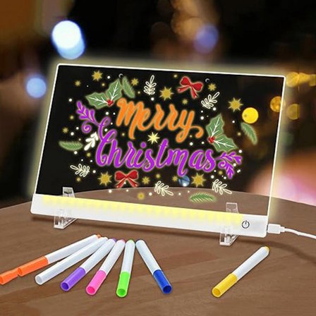 LED Tegnetavle til Børn med 6 Farver, Touch Kontrol u0026 Stativ, 30x20cm, Inkluderer 7 Tuscher, Kompatibel med Kontor u0026 Gaver
