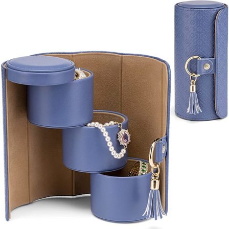 Reseväska för smycken, konstläder smyckesrullar smyckesorganisatör för ringar, örhängen, halsband, armband, present till kvinnor, par, blå