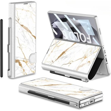 Fodral för Samsung Galaxy Z Fold 6 med pennfack, Z Fold 6 fodral pläterat glas hybridläder All-Inclusive fodral med skärmskydd