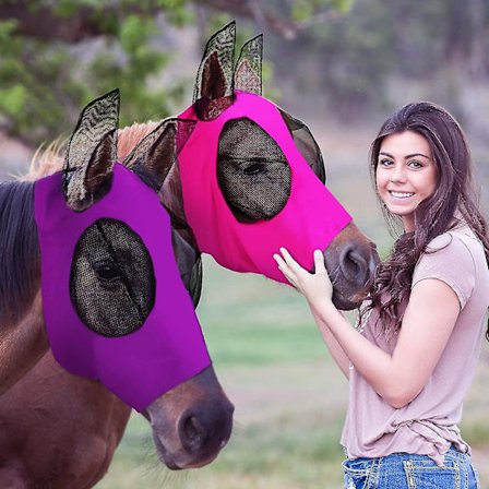 2 stk hesteflue maske heste maske med ører glatt og elastisitet flue maske med UV-beskyttelse (lilla, rosa)