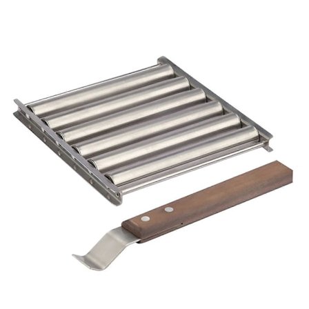 Korvgrillrulle för grill, grillrulle för korv med långt trähandtag