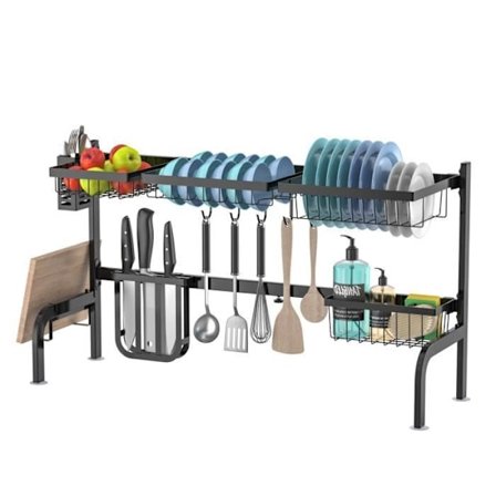 COSTWAY Opvaskestativ 53-99 cm, med 4 kurve og 8 kroge, redskabsholder og knivholder