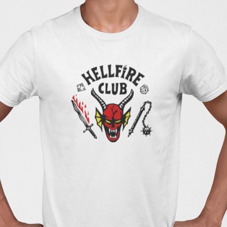 Hvit T-skjorte inspirert av Stranger Things Hellfire-logo