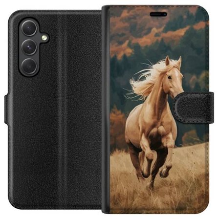 Yhteensopiva Lompakkokotelo Samsung Galaxy A35 Mahtava hevonen laukkaa läpi syysmaiseman lämpimissä väreissä ja syvällä luonnon tunnolla, voimakkaalla