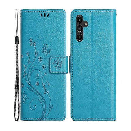 Samsung Galaxy A55 5G -kotelo perhosnahalla, puhelinkotelo jalustalla ja lompakko sininen