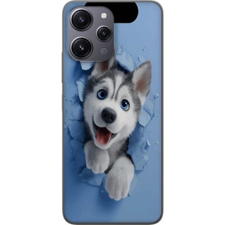 Xiaomi Redmi 12 Genomskinligt Skal Söt huskyvalp med stora blå ögon som tittar fram genom sönderbruten vägg i mjuk 3D-stil och skapar ett glatt o