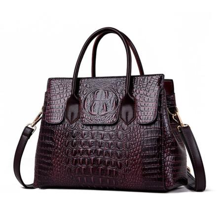 Håndveske i skinn for kvinner Bærbar dameveske Retro storveske Krokodillemønster ekte skinnveske Dark purple