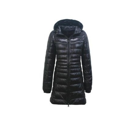 Lätt pufferjacka dam med huva vinter medellång kappa-svart storlek L
