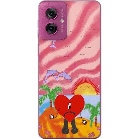 Kompatibelt Mobildeksel til Motorola Moto G55 Bad Bunny i en fargerik quiltet jakke med hjertemønster og solbriller i moderne gatestil