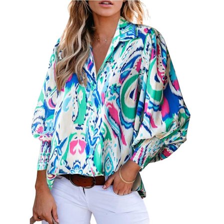 Kvinnors Skjortor Knappar Ner Tryckt Lykta Långärmad Casual Toppar