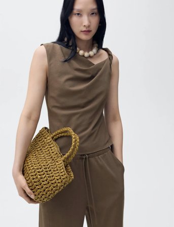 Mango Asymmetrical Draped Top With Straps - Brown - XS