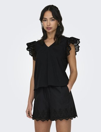 ONLY Onllou Life Emb S/S Frill Top Wvn - Black - L