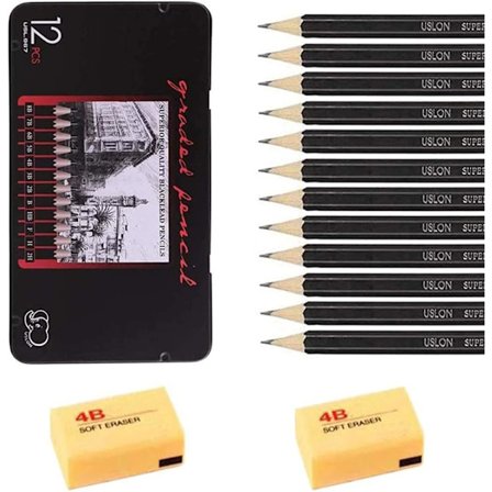 Professionelle kunstner skitsering blyanter og tegne blyanter sæt med viskelæder, kunst blyant (8B-2H) 12 stk.