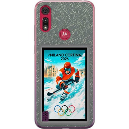 Kompatibel Mobilcover til Motorola Moto E6s (2020) Curling illustration med spillere og sten på isen, Milano Cortina 2026, snedækkede stænk og olym