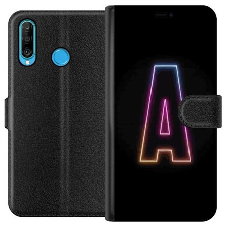 Kompatibel Tegnebogsetui til Huawei Huawei P30 lite Minimalistisk neonbogstav A i regnbuefarvet lys mod sort baggrund i moderne typografisk stil