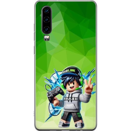 Yhteensopiva Puhelinkuori Huawei P30 Roblox-inspiroitu pelaajahahmo, jossa on kuulokkeet, ohjain ja energiset efektit vihreää taustaa vasten