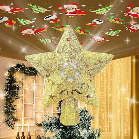 Julestjerne til toppen av juletreet, opplyst juletrepynt med roterende LED-projektorlys