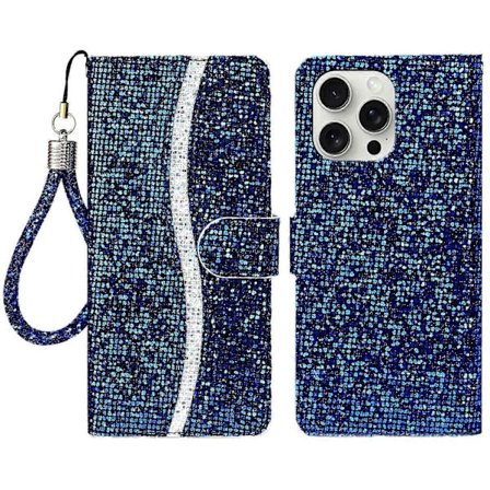 Til iPhone 16 Pro Cover PU Læder Pung Etui Kort Slot Glitter Telefon Cover - Blå