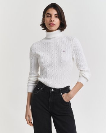 GANT Damen Zopfstrick Rollkragenpullover aus Stretch-Baumwolle (S) Weiß