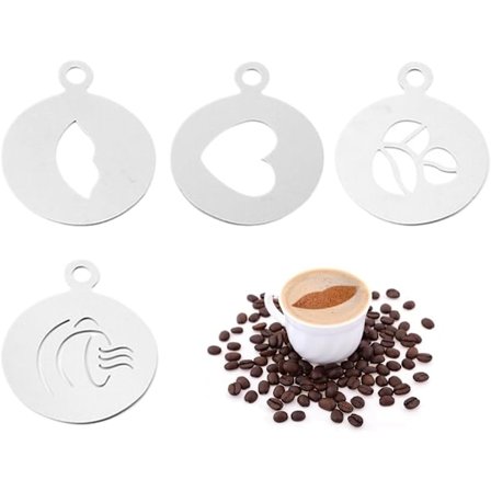 Cappuccino Stencilsæt i rustfrit stål, 4 stk. Cappuccino Stencils i rustfrit stål, Dekorationsmønstre til kager og kaffe - Fantastisk til kreative 