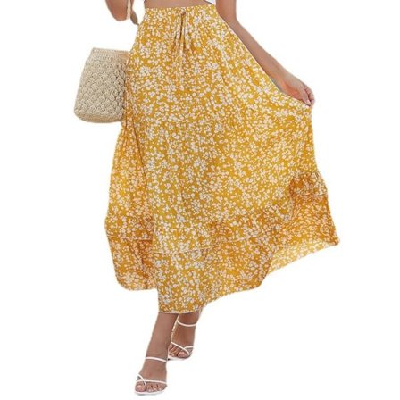 Dame Skjørt med Print, Asymmetrisk Kant, Boho A-Linje, Lang M CDQ