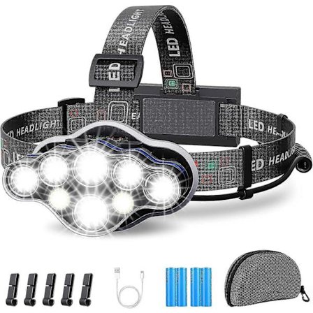 Strålkastare, Pannlampa 18000 Lumen 8 LED 8 Ljuslägen, Superkraftfull LED-pannlampa USB Uppladdningsbar 90 Justerbar Vattentät och Lättviktig