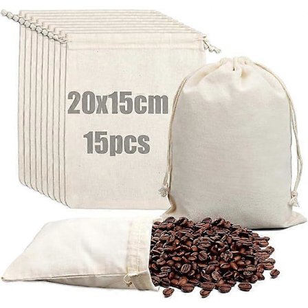 Kangaspussi 20 x 15 cm - 15 kpl Puuvillapussi Kangaskassi Kiristysnyörillä Pellavakassit Pieni Uudelleenkäytettävä Lahjapussi Puuvillakassi 