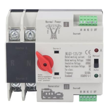 2P Automatisk overføringsbryter for dobbel strømforsyning Generatoroverføringsbryter AC110V 50Hz 60Hz 63A