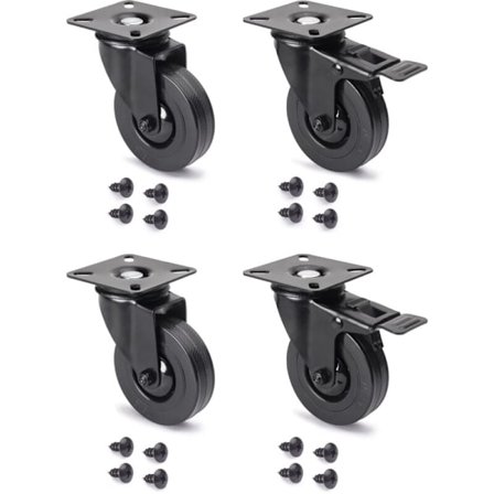 Sæt med 4 sorte hjul med monteringsbeslag, 75 mm diameter, plast og stål, sort