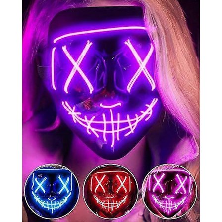 LED Halloween-maske med skrekkmotiv, lysende maske for rollespill, LED-karnevalsmaske-kostyme med 3 lysmoduser. (Lilla)