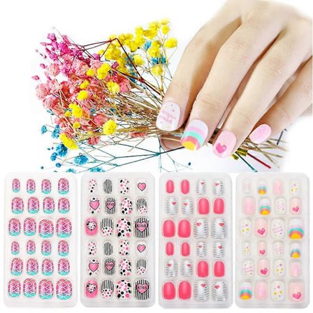 Barnens Press-on Naglar, 96 st. Flickors Korta Falska Naglar Förklistrade Fulltäckande Barn Falska Naglar Spetsar Söta Hjärtmönster Akrylnaglar för 