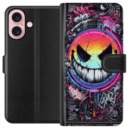 Kompatibelt Plånboksfodral till Apple Apple iPhone 16 Cyberpunk smiley med neonfärger, graffiti och futurisk techstil, edgy digital konst för gamer