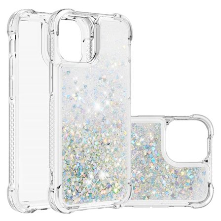iPhone 14 Pro Max Glitter Skal, Fallskydd i Fyra Hörn, Flytande Silikonskal med Stötdämpning (Silver)