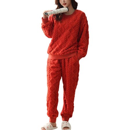 HAUFR Dam Fluffy Fleece Pyjamas Set 2 delar Varm Fleece Pyjamas Set Mjuka nattkläder Långärmade Crewneck fickor Byxor Y