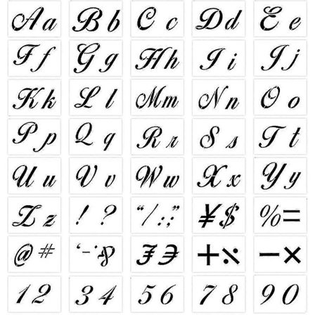 Sett med 40 bokstavsjablonger for maling, gjenbrukbare plastmaler med kalligrafisk skrift