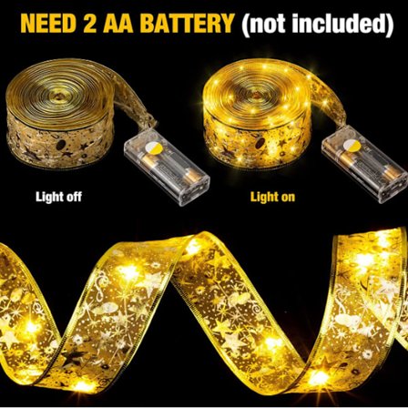 Bandljussträng LED Julgransdekoration Ljus Festlig Atmosfär Ljus Dubbellager Förgylld Satinband Koppartrådsljus