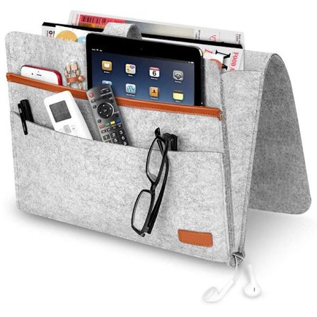 Sengside opbevaringspose i filt med lommer Praktisk sofa seng skrivebord hængende arrangør til telefon, blade, tablet, fjernbetjeninger, lysegrå