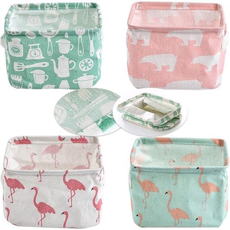 Sett med 4 oppbevaringskurver, små praktiske sammenleggbare oppbevaringsbokser i linstoff, skrivebordsoppbevaringskurv, stoffoppbevaring