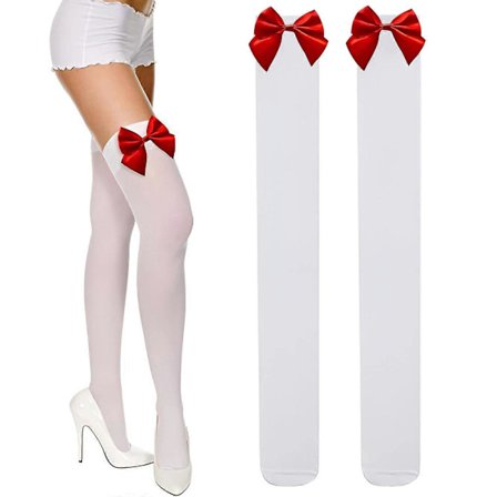 Hvide lårhøje strømper, hvide uigennemsigtige knæstrømper til kvinder, hvide sløjfehøje strømper, satin sløjfe knælange leggings til kvinder