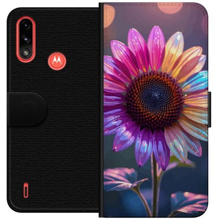 Kompatibelt Lommeboketui til Motorola Moto E7 Power Irideserende blomst med glitrende kronblad i rosa lilla og gull mot myk bokeh bakgrunn