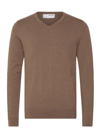 Slhberg Ls Knit V-Neck Noos Brown Selected Homme