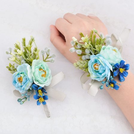 Knaphulsblomster og Corsage, 2 stk. blå corsage blomster håndleds corsage og knaphulsblomst sæt blomster tilbehør til bryllup bal mænd og kvinder 