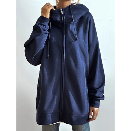 Ensfarget avslappet sport hettejakke med glidelås, langermet hettegenser med snøring, sporty sweatshirts for kvinner