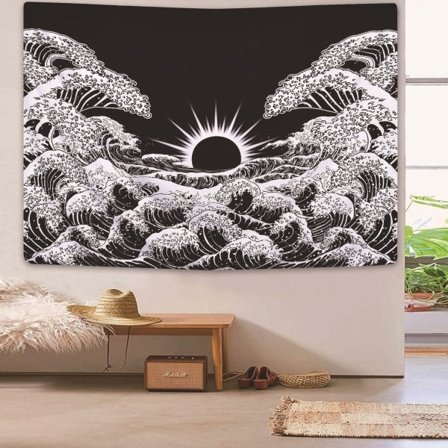 (Våg, 150x130cm) Dremisland seinävaate Mandala-tapetti Great Wave auringonlaskun gobelängi Mustavalkoinen meri Gobeläng seinäripustus olohuoneeseen 