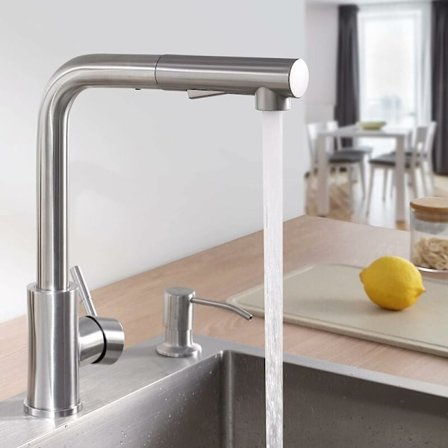 Köksblandare med 2 spraylägen, köksblandare med utdragbar spray, 360° roterbar, kall och varm tillgänglig, borstat rostfritt stål