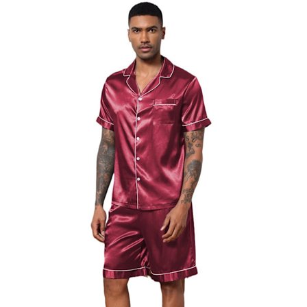 Menn Satin Pyjamas Sett 2 Deler Loungewear Knapp Ned Pjs Sett